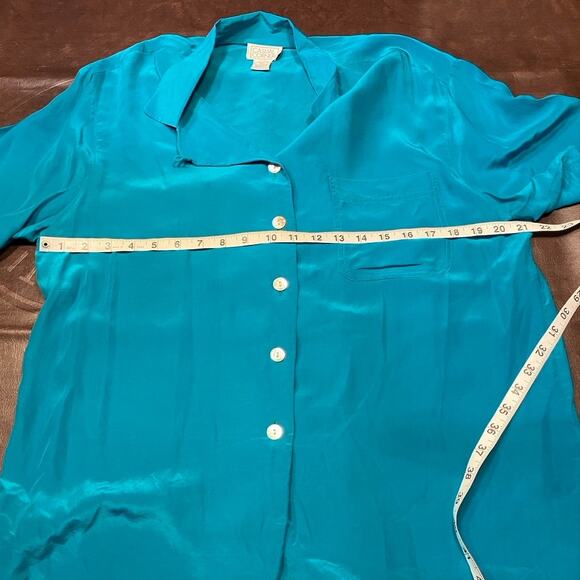 Vintage 80's Casual Corner 100% Silk Teal Button Up Short Sleeve blouse Womens M - Picture 15 of 16